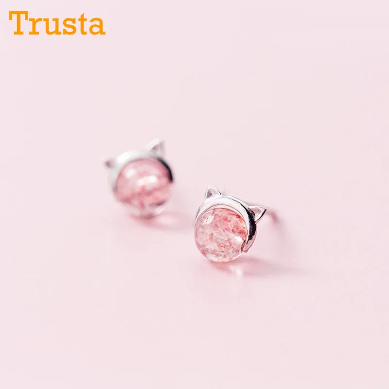 Trusta 925 Настоящее Стерлинговое Серебро женские модные милые розовые серьги-гвоздики с клубничкой и кристаллами в виде кота для дочек и девочек DS718
