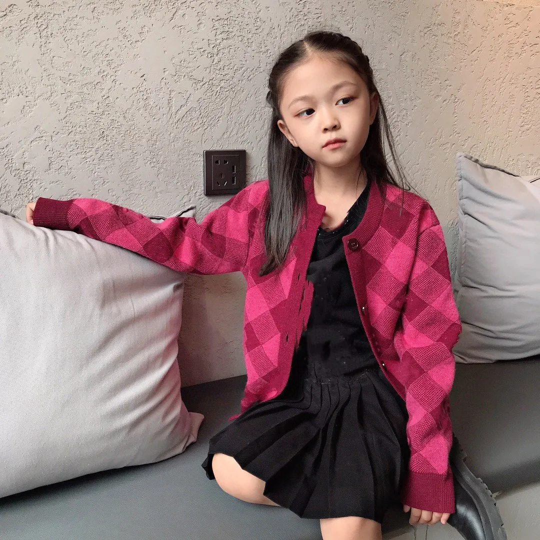 

2021 Presale October 10th Girls Cardigans Red Colour Wool Knitted Jacket Plaid Sweet Kids Clothing 90-150