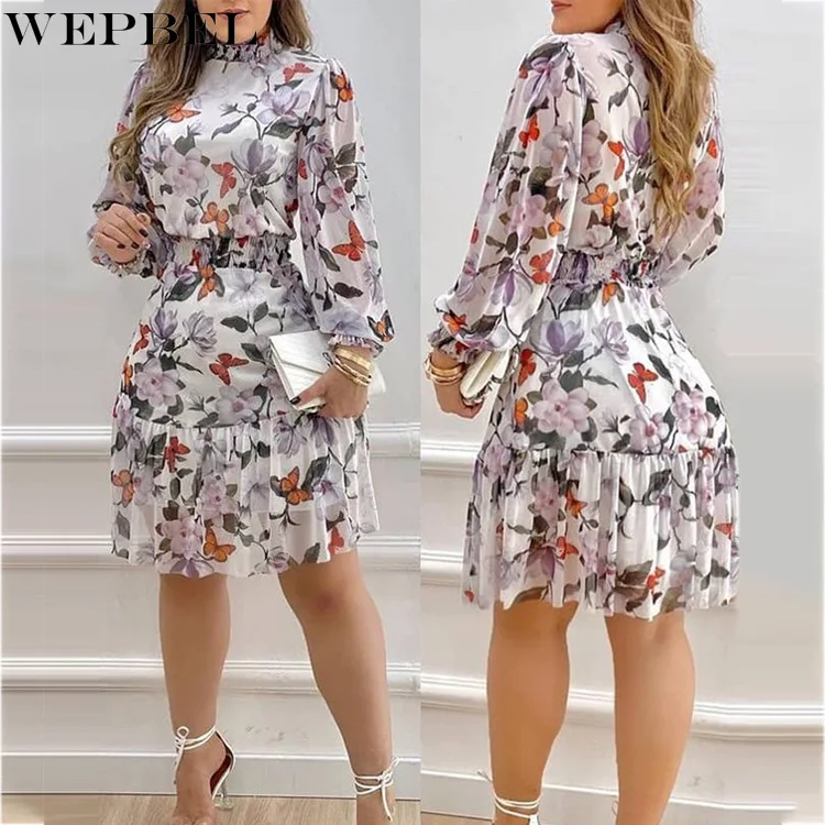

WEPBEL Dress Women's Casual Slim Fit High Waist Ruffles Pleated Stitching Dress Autumn Puff Sleeve O-Neck Floral Print Dress