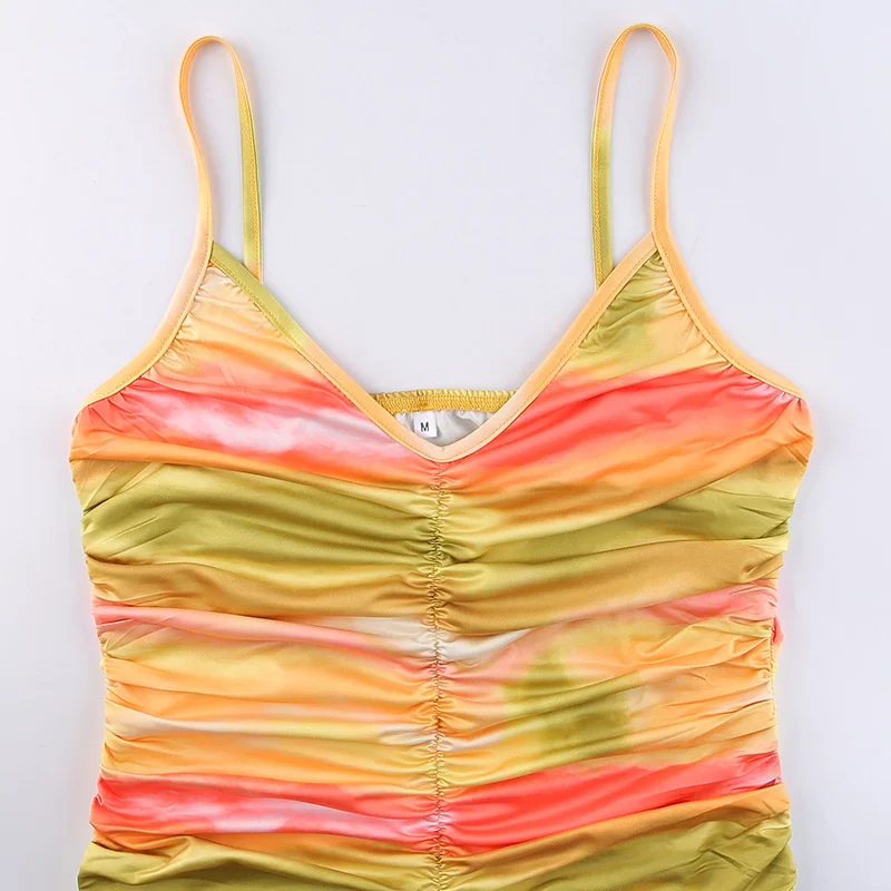 

Ruched Ruffle Y2K V Neck Tie Dye Kawaii Mini Dress Sexy Women Vintage Print Sleeveless Bodycon Dresses Summer Beachwear 2021