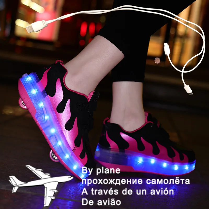 

Children Boys Luminous Glowing White Sneakers with Double Two Wheels Roller Skate Shoes Adult Kids USB Charging Shoes Pink Girls