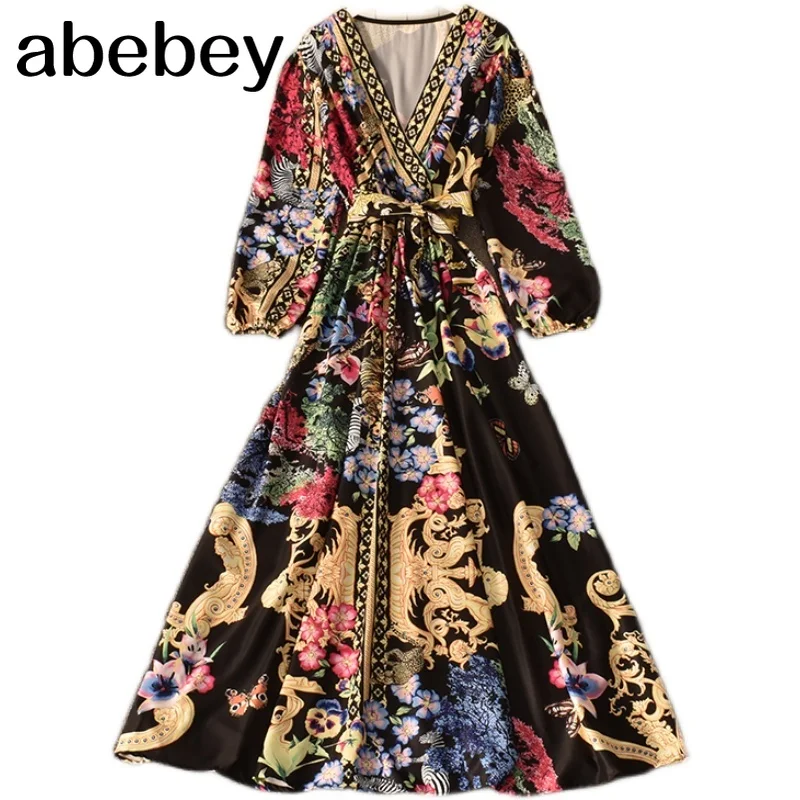 

2021 New Spring Autumn Court style long sleeve Dress V-neck slim Bow Sashes Dress Vintage Print bubble sleeve long Dress