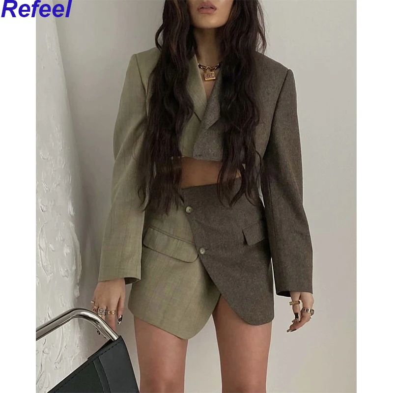 

Fashion Women Vintage Patchwork Crop Blazer Mujer Notched Collar Single Button Suit Outerwear Autumn Chic Tops
