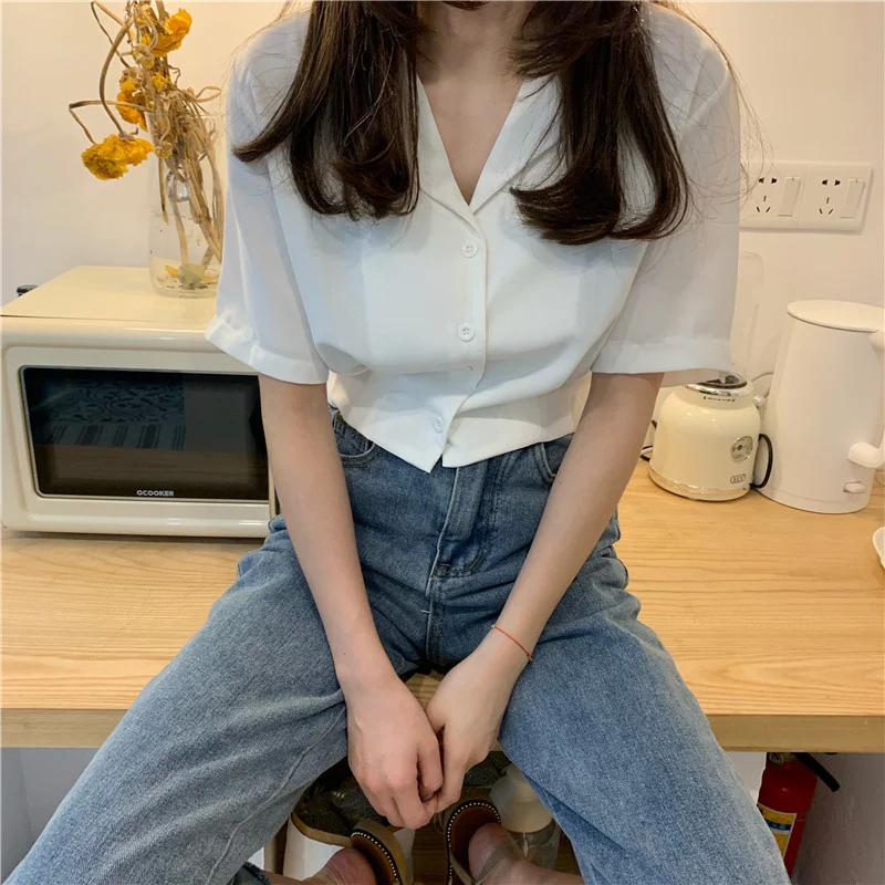 

Chic Western Style Lapel Design Sense Non-mainstream Slimming and Short Chiffon Blouses for Women Summer Hong Kong Style Ins