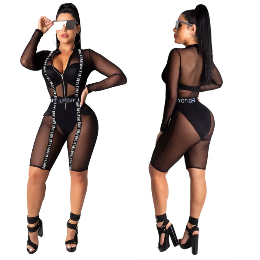 black jumspuit Adogirl Love полоска с надписью прозрачный сетчатый комбинезон длиной до колена на молнии спереди с v-образным вырезом и длинными рукавами для ночного клуба женский сексуальный комбинезон - Цвет: black jumspuit