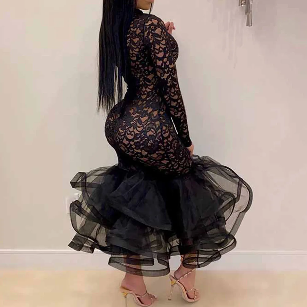 Сексуальное ажурное женское платье Русалка 2020 черное размера плюс кружевное