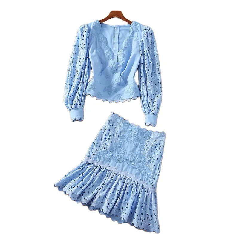 

Fashionable Temperament New Women's Clothing 2021 Spring and Summer Lantern Sleeve V-neck Short Top Slim Fishtail Short Skirt