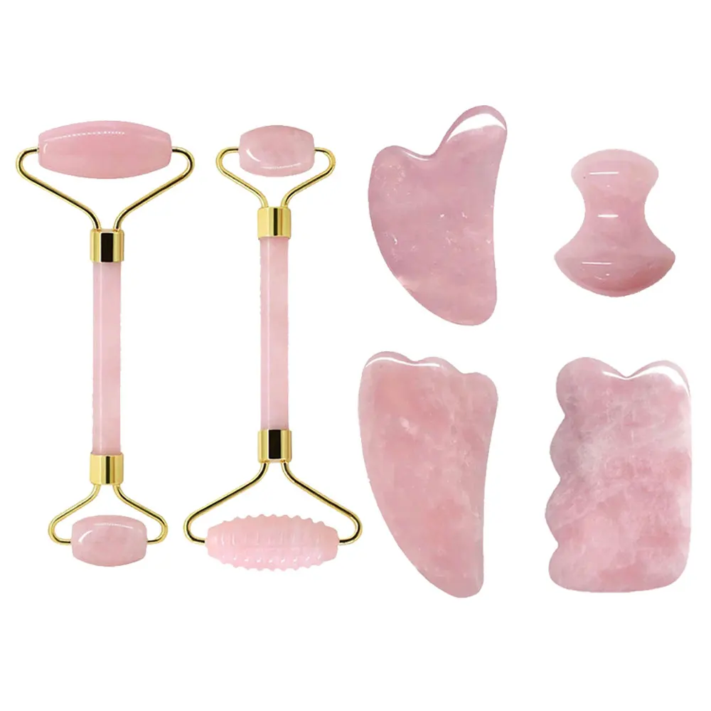 

Rose Quartz Face Massage Jade Roller Gua sha Scraper Set Natural Stone Gouache Scraper Face Roller Guasha Massager Beauty Tools