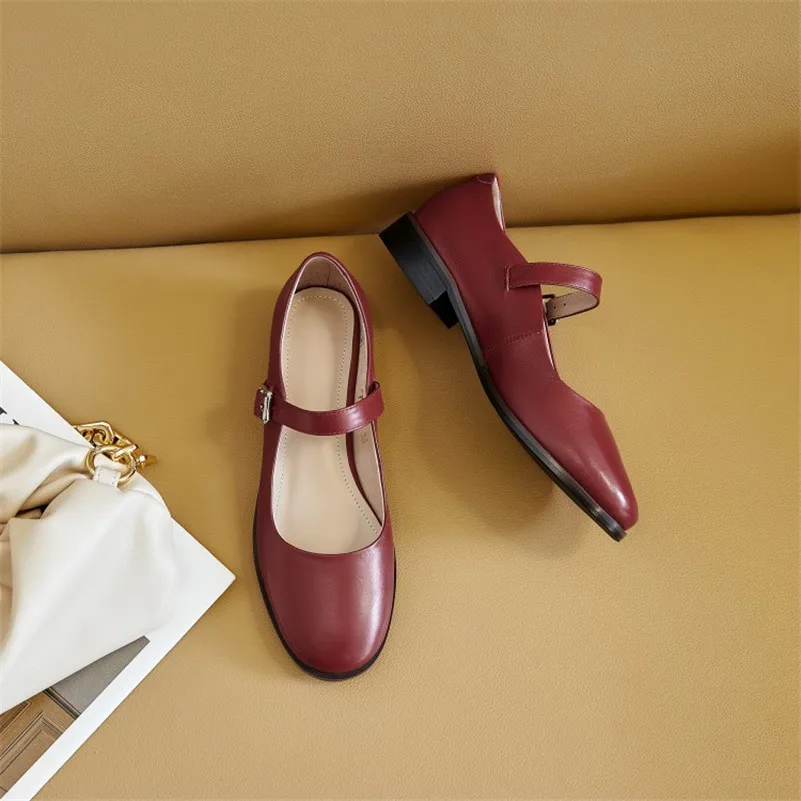 

Meotina Genuine Leather Low Heel Pumps Women Mary Janes Shoes Round Toe Dress Shoes Chunky Heels Buckle Strap Footwear Lady 40