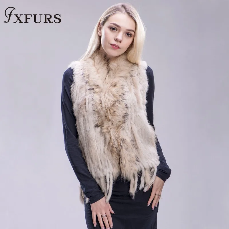 FXFURS из натурального кроличьего меха; вязаная жилетка; куртка из искусственного меха, красочные кролика, енота меховая вязаная жилетка 16 Цвета - Цвет: beige