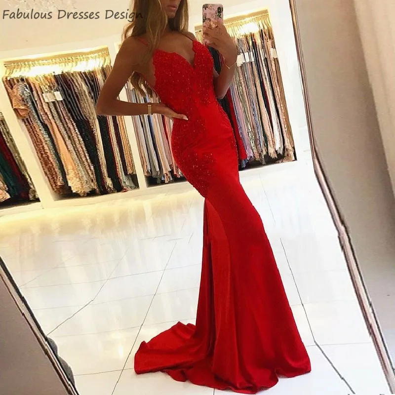 

Sexy Spaghetti Strap Backless Red Prom Dresses Long Beads 2020 Applique Lace Sweep Train Vestido Evening Dress Party For Women