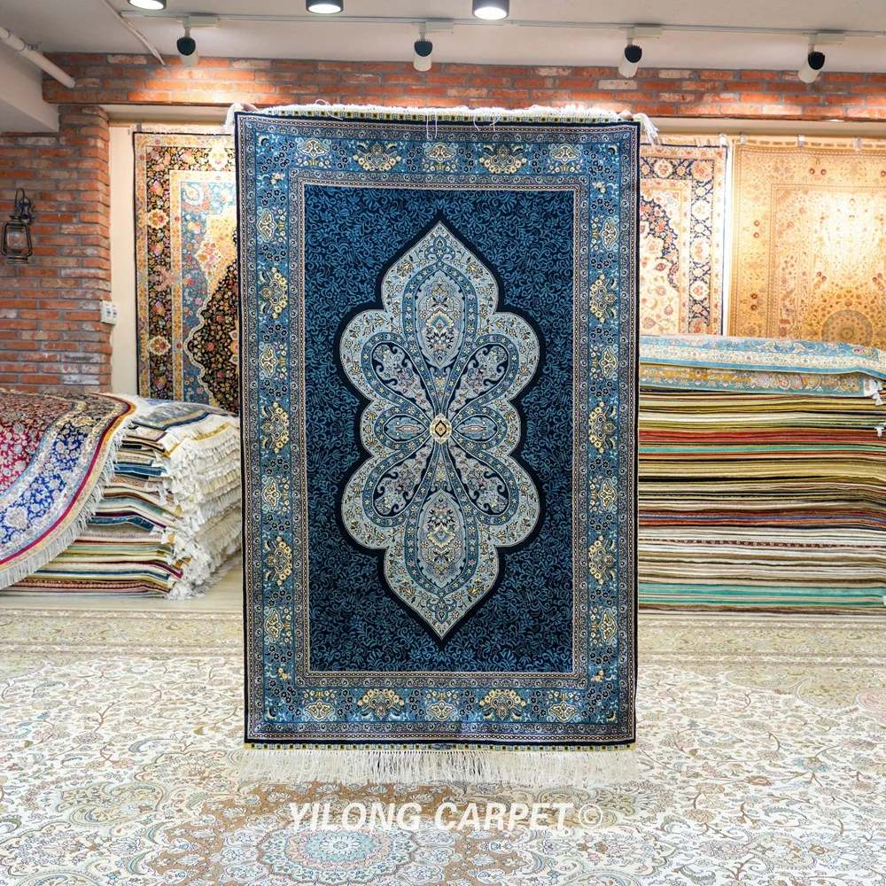 

Yilong 3'x4.5' Handmade silk area blue carpet hand knotted tabriz best oriental rugs (YWX156A)