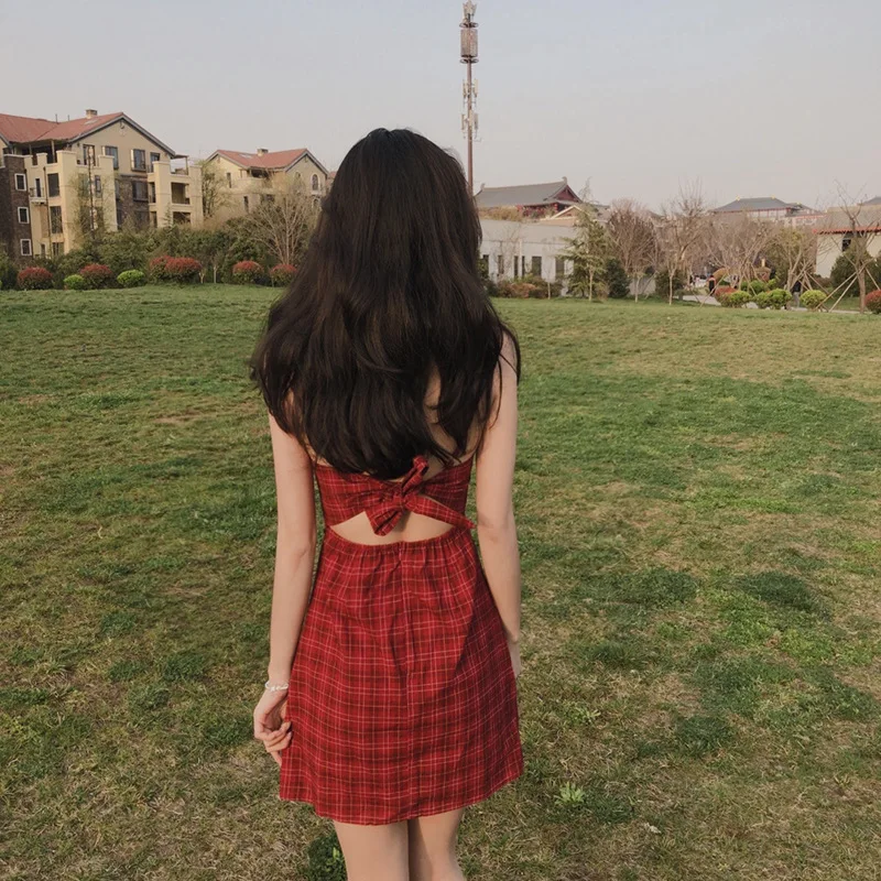 

Skirt Dress Spring and Summer 2021 New Back Lace Up High Waist Slim Check Girlie Heart Open Back Suspender Holiday Dress