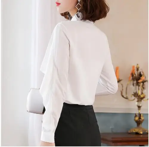 

Fashion design women shirt 2019 New autumn slim bow long sleeve Patchwork blouses office ladies temperament work tops