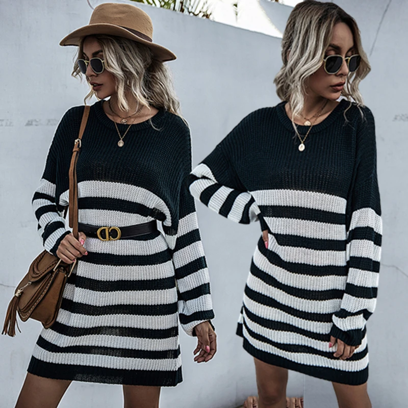 

Sweater women pullover new striped casual mid-length sweater women autumn and winter loose knitted dress