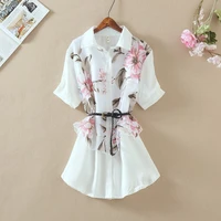 elegant office ladies white flower printed mesh shirts patchwork button up womens tops and blouses 2021 fashion new blouse belt