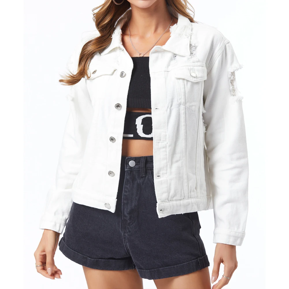 

Broken Winter Fall Lapel Buttons White Denim Jackets Women's Casual Pockets Jacket Ladies Long Sleeve Button Short Denim Coats