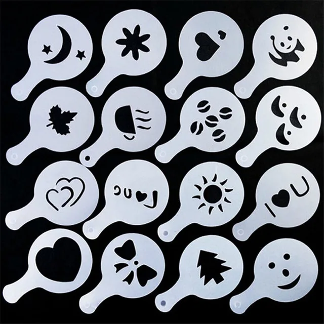 

16pcs Fashion Cappuccino Coffee Barista Stencils Template Strew Flowers Pad Duster Spray kitchen gadgets and accessories