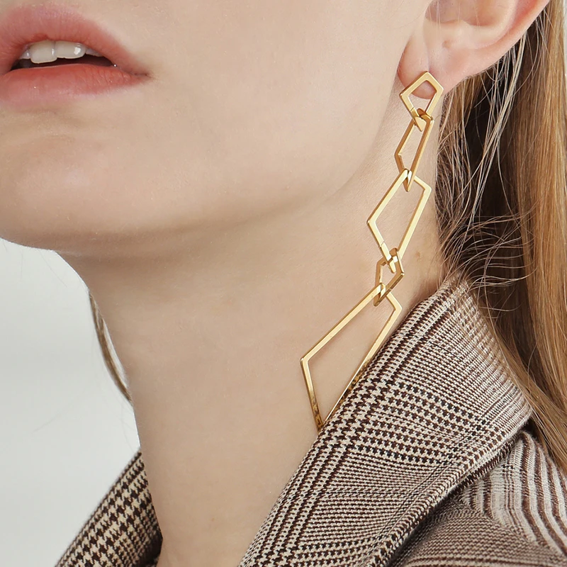 

Hot Sale Simple Geometrical Fashion Four Square Shape Link Earrings Hollow Out Metal Gold Color Drop Earrings For Women