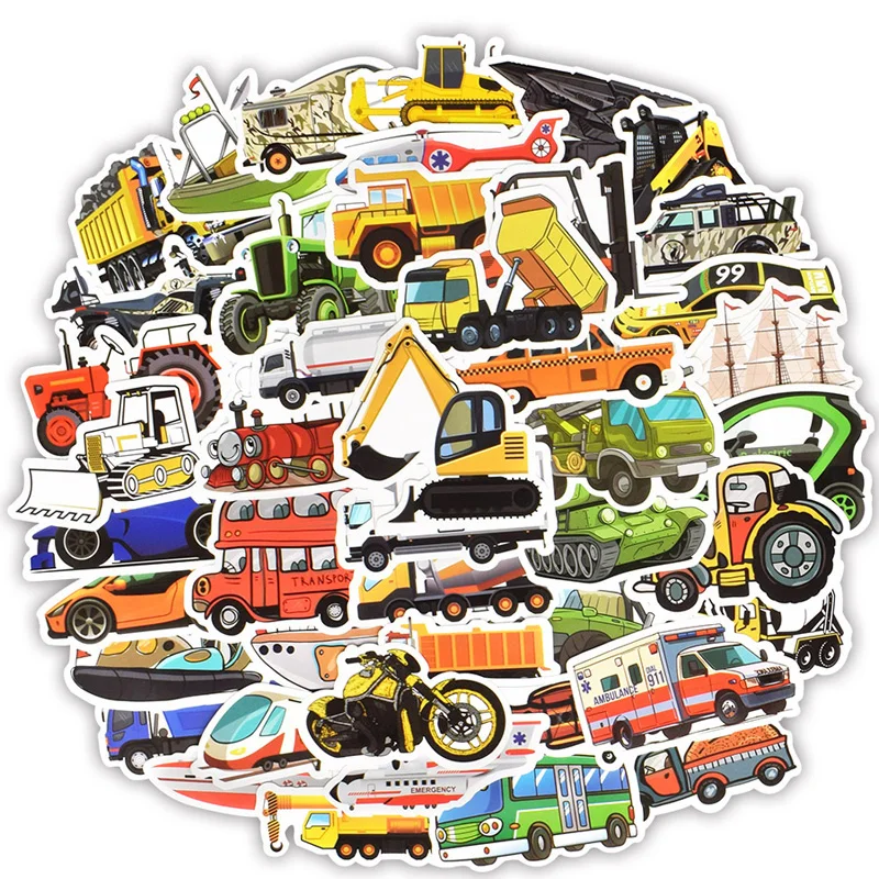 

50 PCS Engineering Vehicle Car Sticker Cute Bus Truck Motorcycle Stickers for Kids Toy Travel Trolley Suitcase Skateboard Laptop