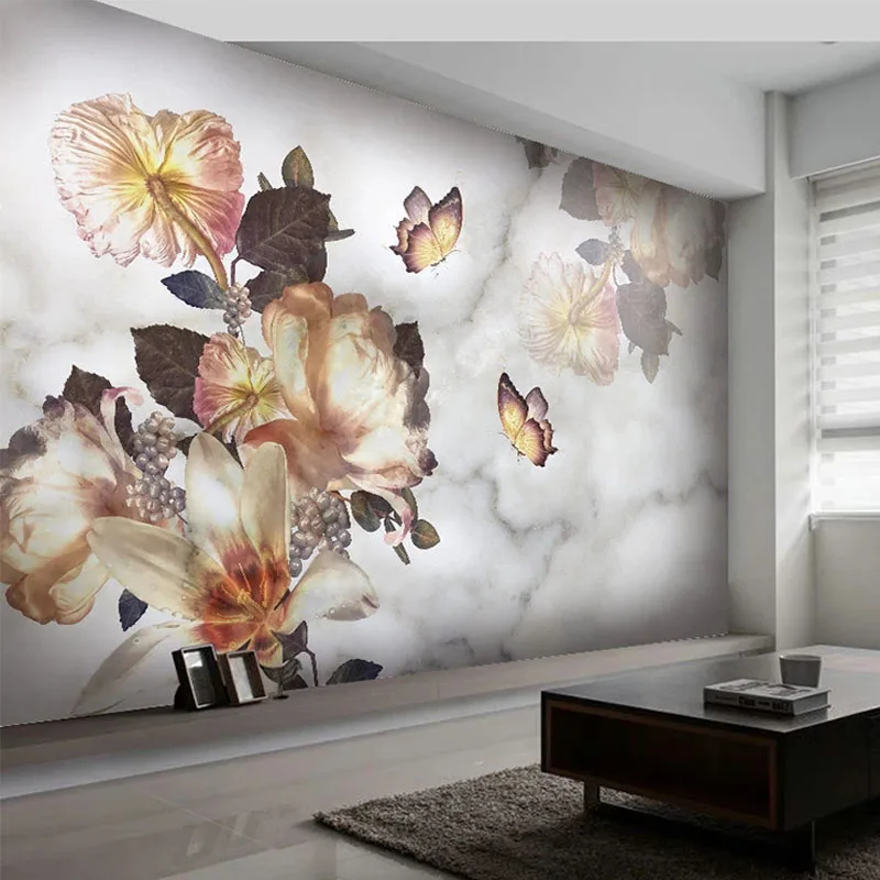 Европейский стиль Современная мода обои 3D Ручная роспись цветы Бабочка мрамор