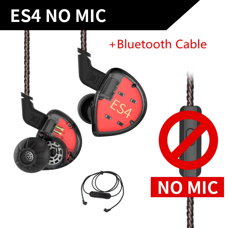 black no mic BT KZ ES4 1BA+ 1DD гибридные наушники-вкладыши Hifi Динамический драйвер шумоподавление Гарнитура замена кабеля AS10 ZSX ZST ES3 ZSN - Цвет: black no mic BT