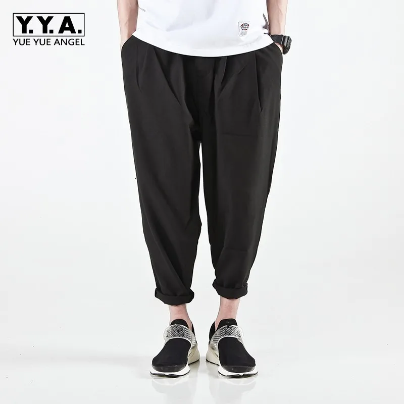 Повседневные свободные мужские брюки с заниженным шаговым швом из хлопка и льна