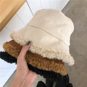 Women's Fur Bucket Hat Suede Style Back Boa Small Face Effect Actress Hats for Women Fashionable Folding Cold Protection Caps