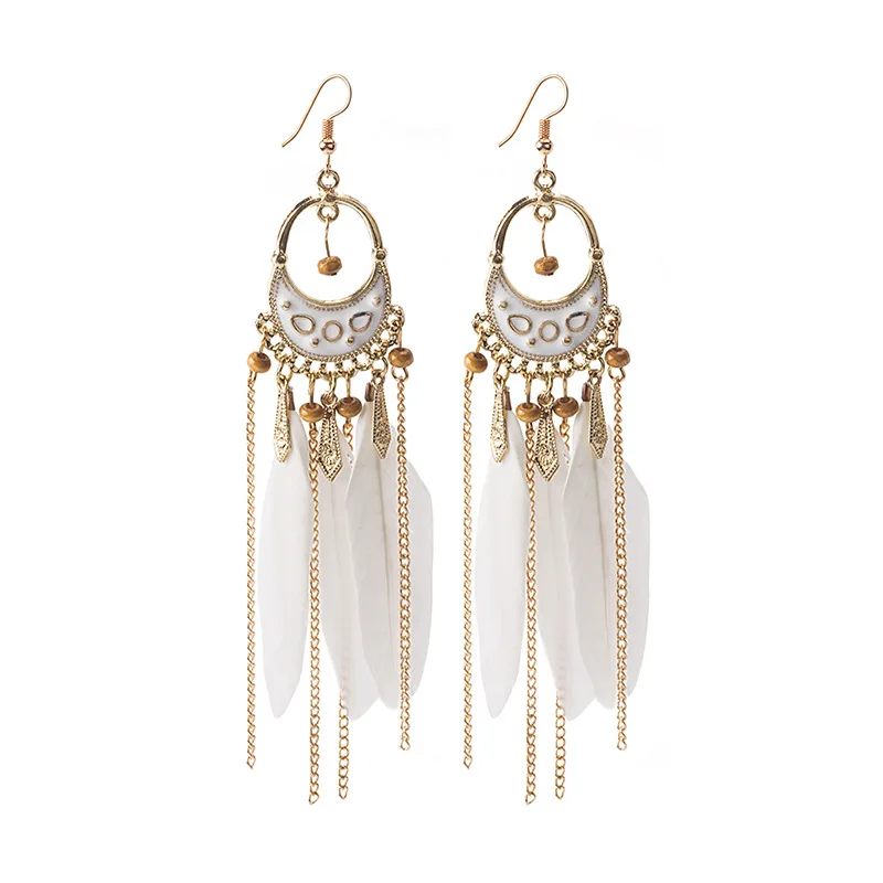 

Fashion Lock-Shaped Drop-Oil Feather Chain Tassel Earrings Vintage National Style Long Leaf Ear Pendant Ear Stud