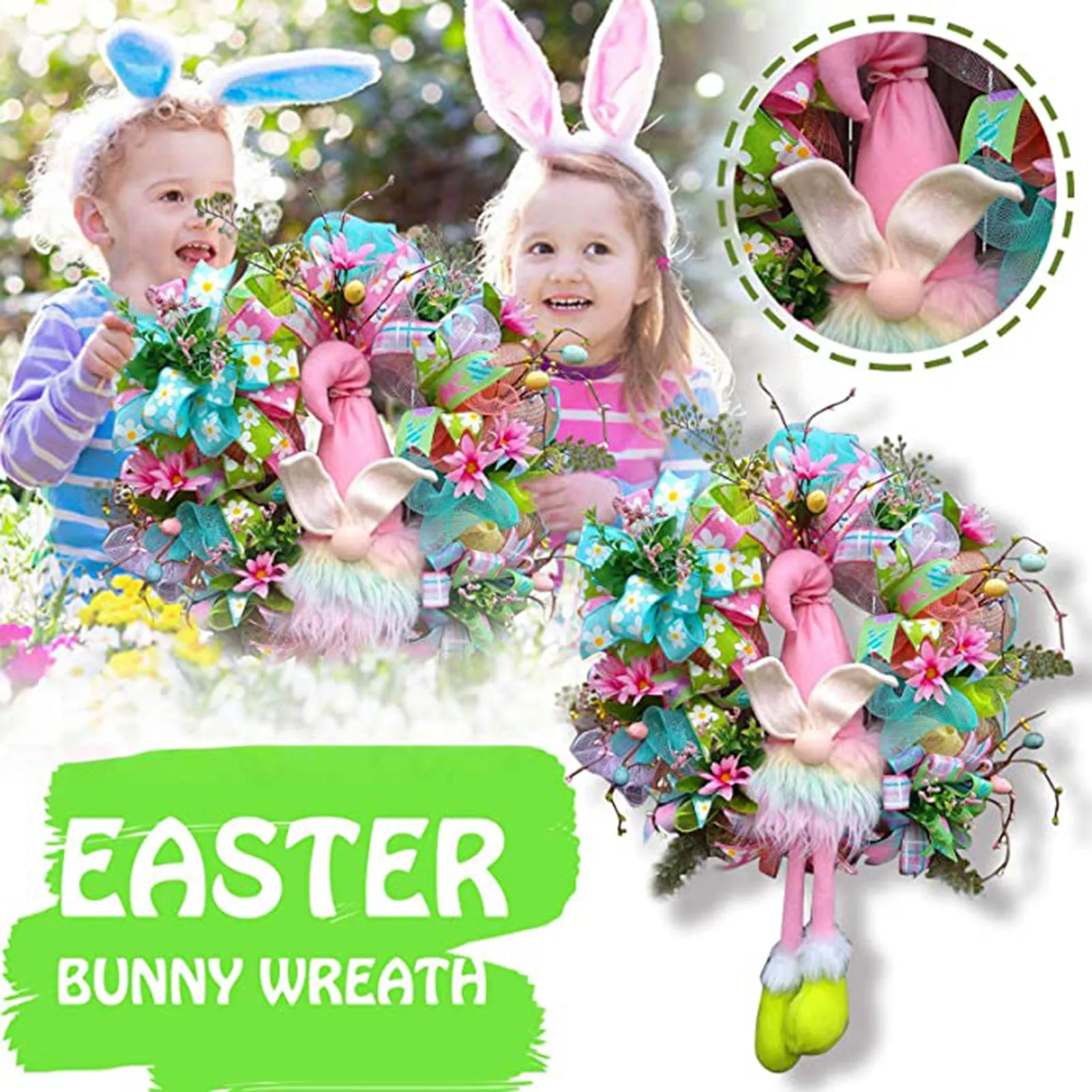 

Easter Hanging Wreath Bunny Garland Themed Dwarf Dolls Ornament Prop Festival Decor Gifts for Door Wall F2