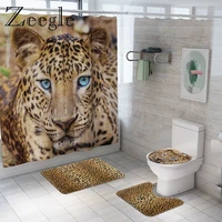 Animal Fur Leopard Shower Curtain with Bath Mat Set Soft Bath Carpet Funny Toilet Seat Cover Mat Waterproof Bathroom Curtain