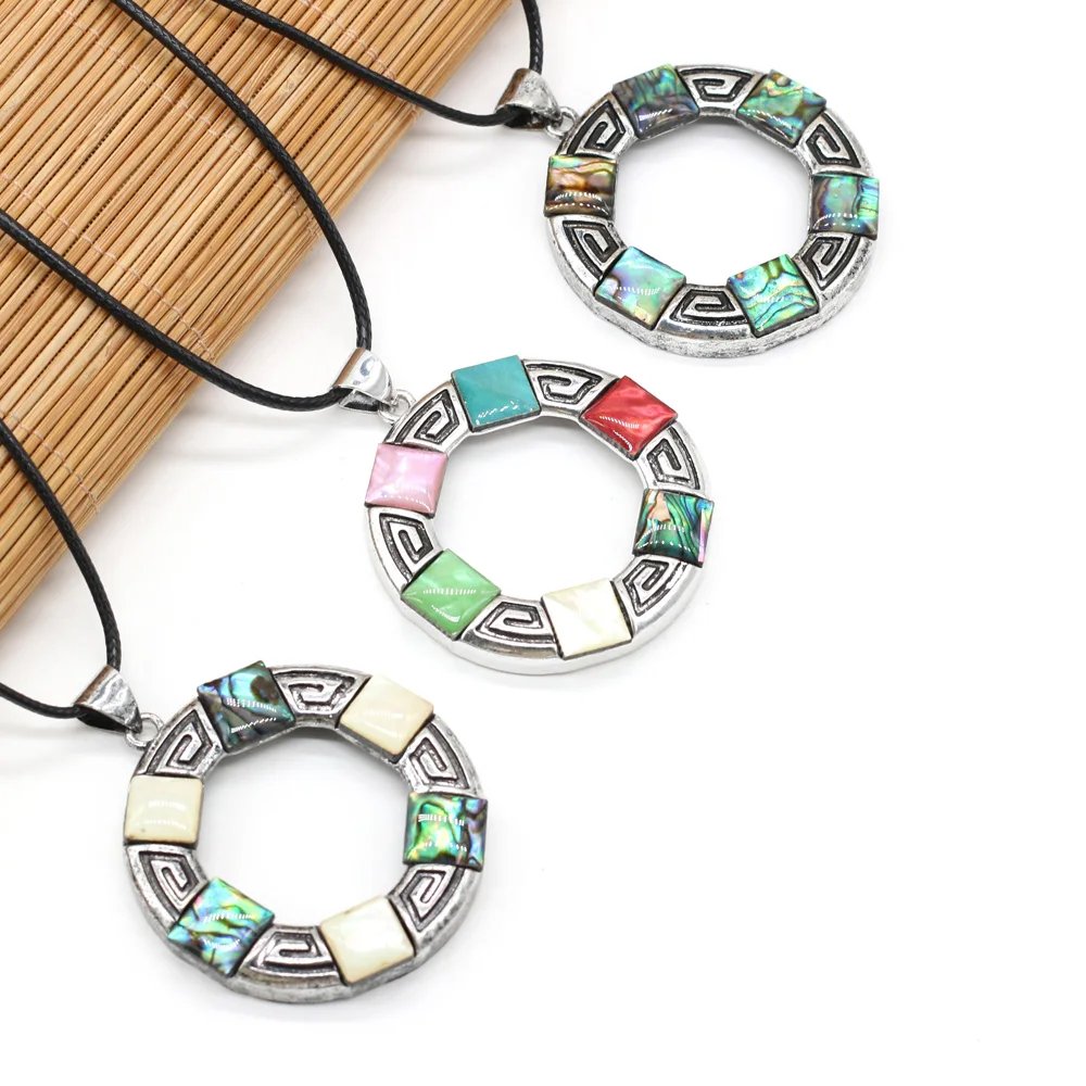 

Natural Shell Necklace Round Pendant Leather Cord Diameter 2.0mm Length 55+5cm Pendant Size 45x45mm