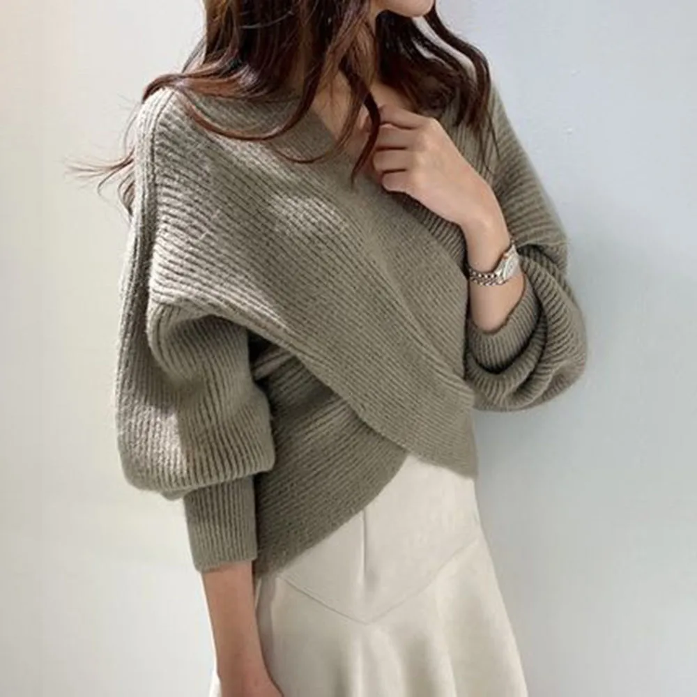 V Neck Twisted Back Sweater Women Korean Elegant OL Chic Knitted Pullovers Casual Tops Long Sleeve Solid Loose Jumper pull femm |