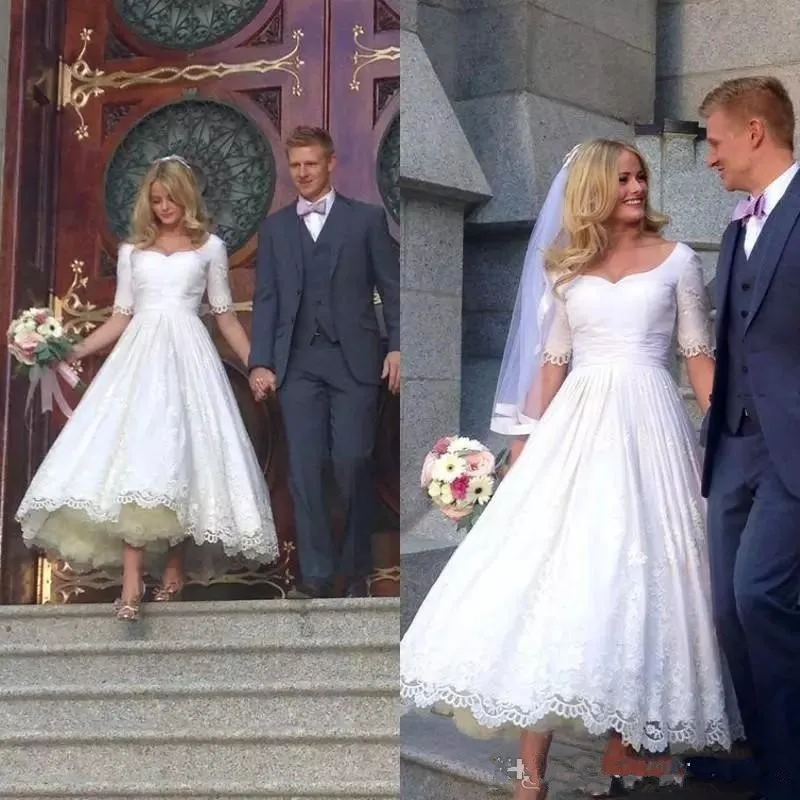 

2020 Elegant Cheap Simple A Line Wedding Dresses Sweetheart Lace Appliques Half Sleeves Ankle Length Plus Size wedding dress