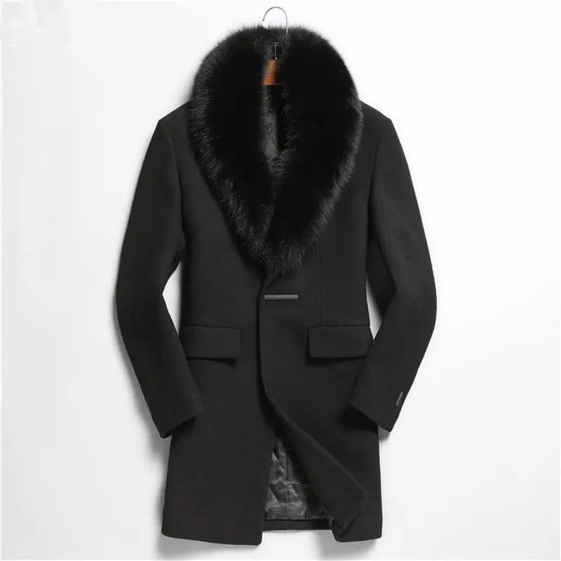 

Autumn Winter Jacket Men Top Qulity Wool Coat 100%Real Fox Fur Collar Overcoat Abrigo De Lana Hombre M2922 MF629