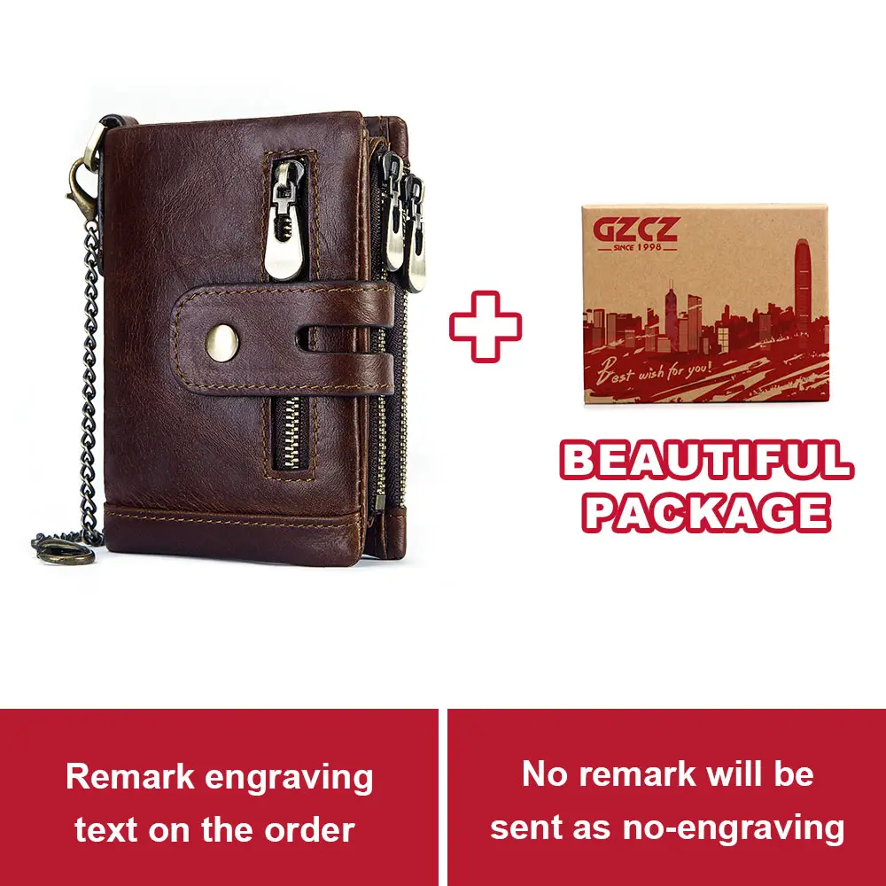 Coffee-M-Chain-BOX GZCZ,, мужской кошелек с гравировкой, натуральная кожа, короткий, мужской кошелек на молнии, для монет, Poucht, мужские кошельки, тонкая сумка для денег, Portomonee - Цвет: Coffee-M-Chain-BOX