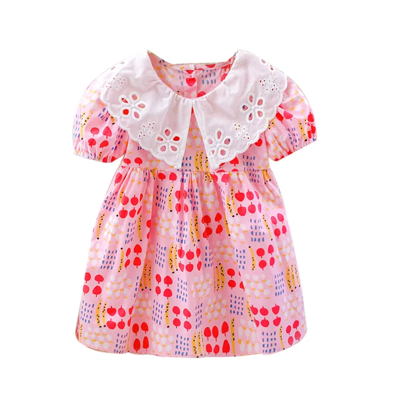 

Summer New Korean Lace Lapel Clothes Cherry Princess Casual Dresses Kids Cute Fruit Dress Children Pink Clothing kids clothes