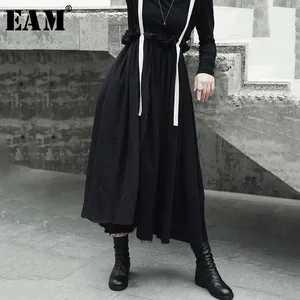 EAM высокое качество, весна-осень 2022, черная, с высокой талией, винтажная, с краями, новая, женская, на ремне, половина тела, юбка LA923
