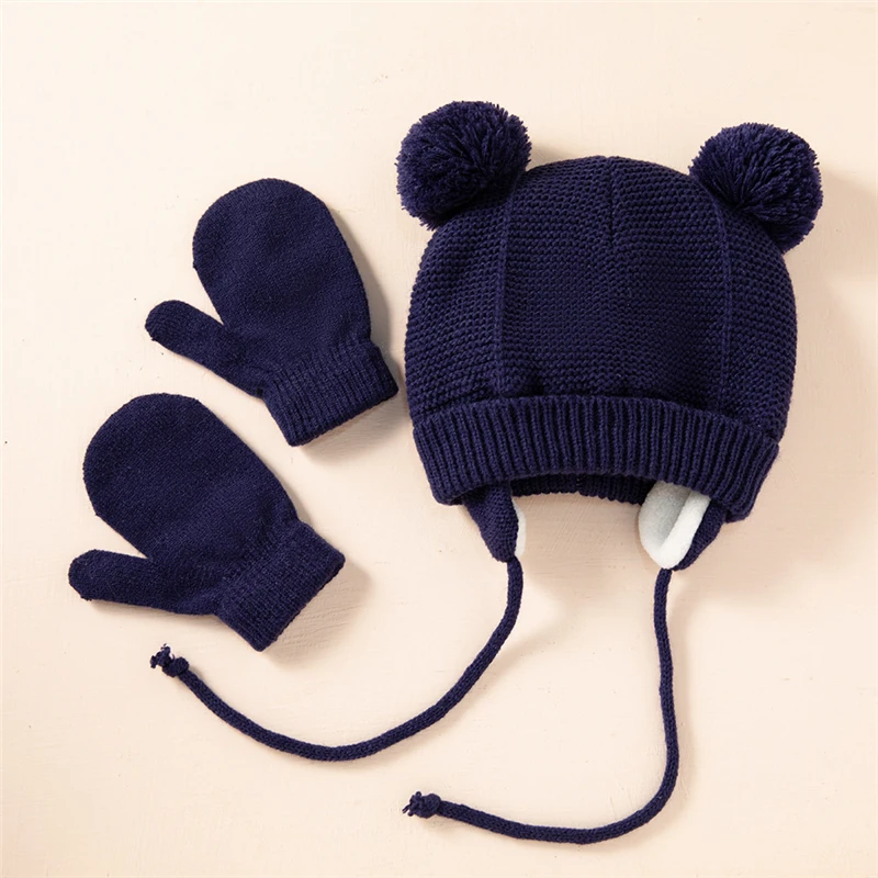 

2PCS Set Baby Hat Gloves Set Solid Knitted Braid Fur Ball Baby Cap 2021 Winter Boys Girls Kids Beanie Warm Ear Hats