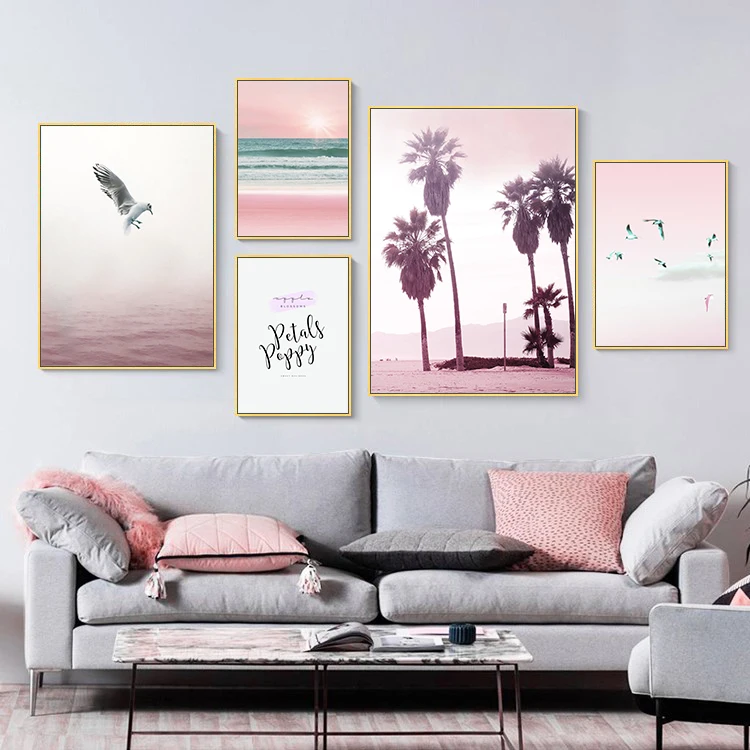 Настенная картина с изображением деревьев и птиц на розовом фоне|Рисование