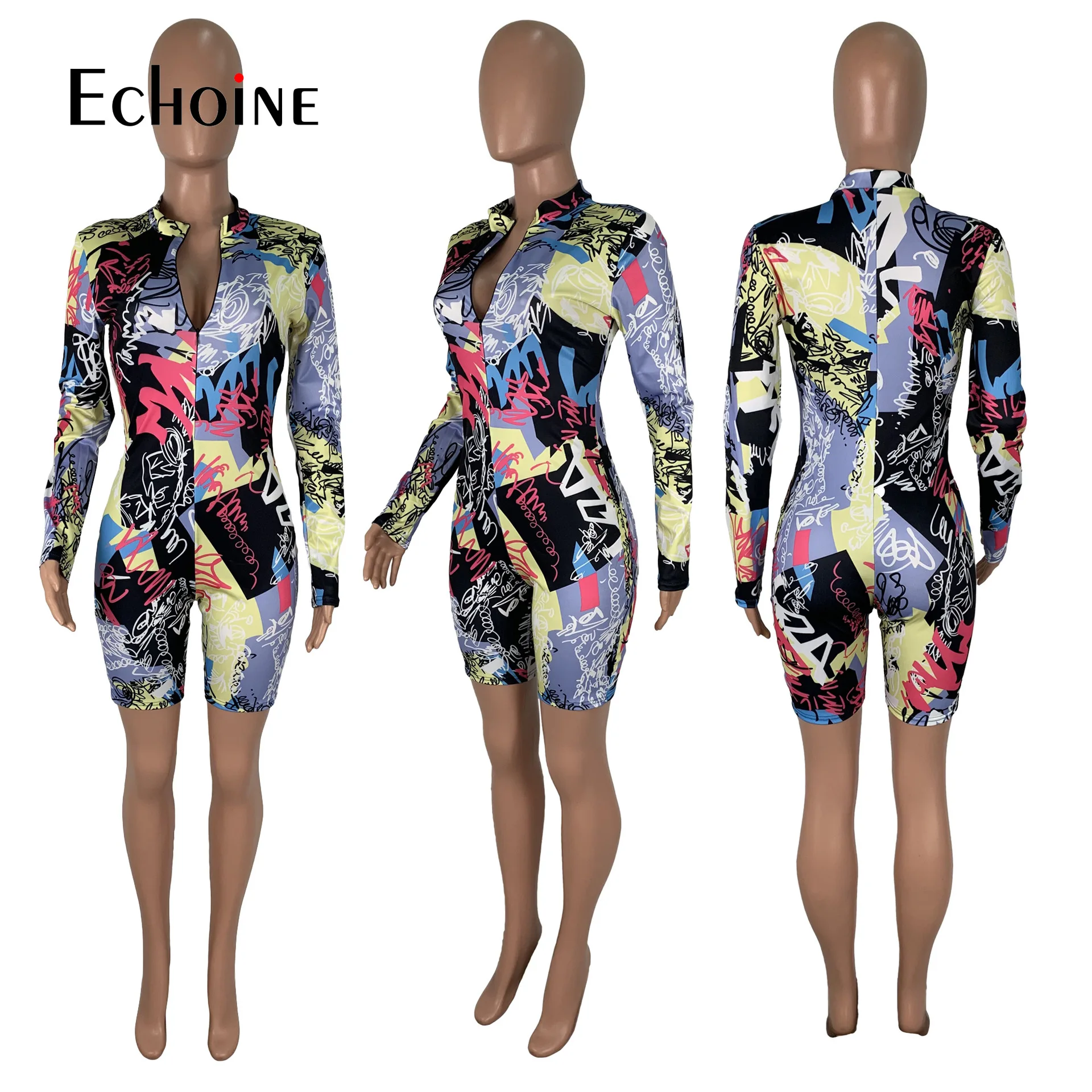 

Echoine Tie-Dye print Women zipper up bodycon skinny short Jumpsuit Romper Fitness Sexy Night Party playsuit One Piece Outfit