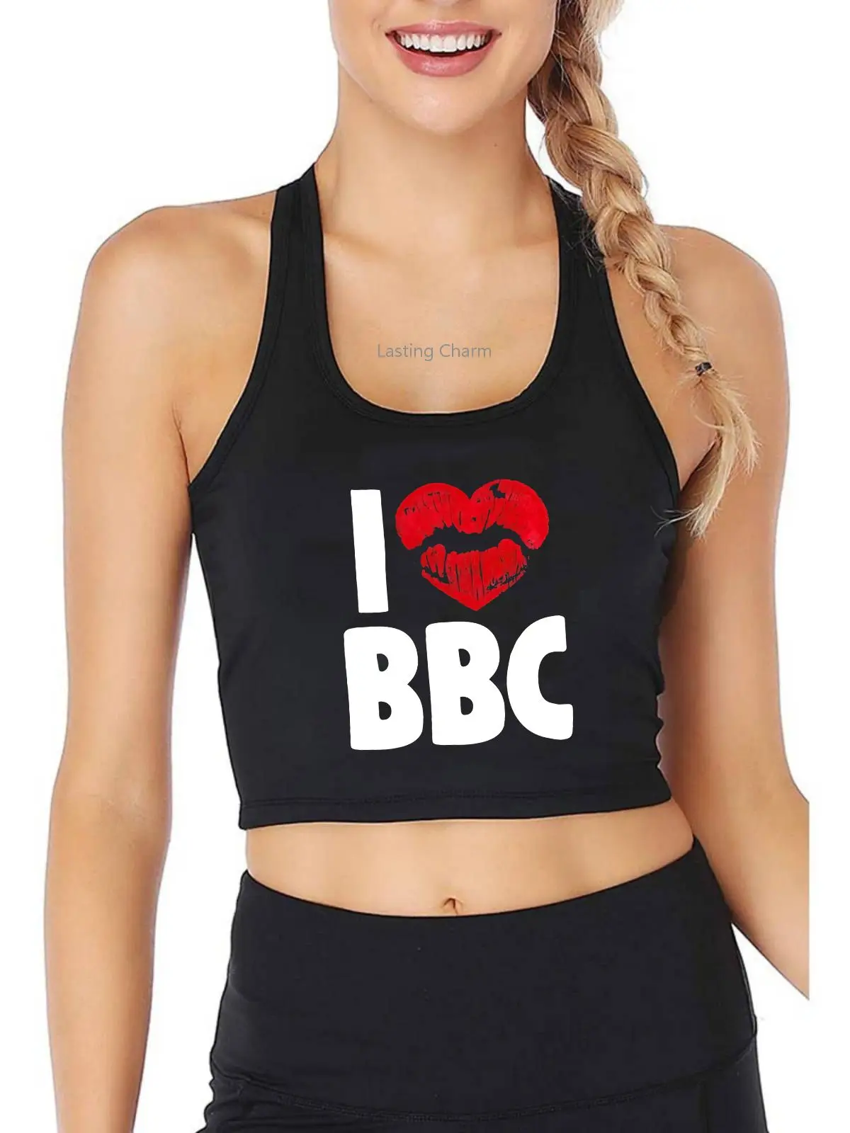 

Sexy Hot Red Lips I Love BBC Tank Top Adult Humor Fun Flirty Print Yoga Sports Workout Crop Top Women's Gym Tops