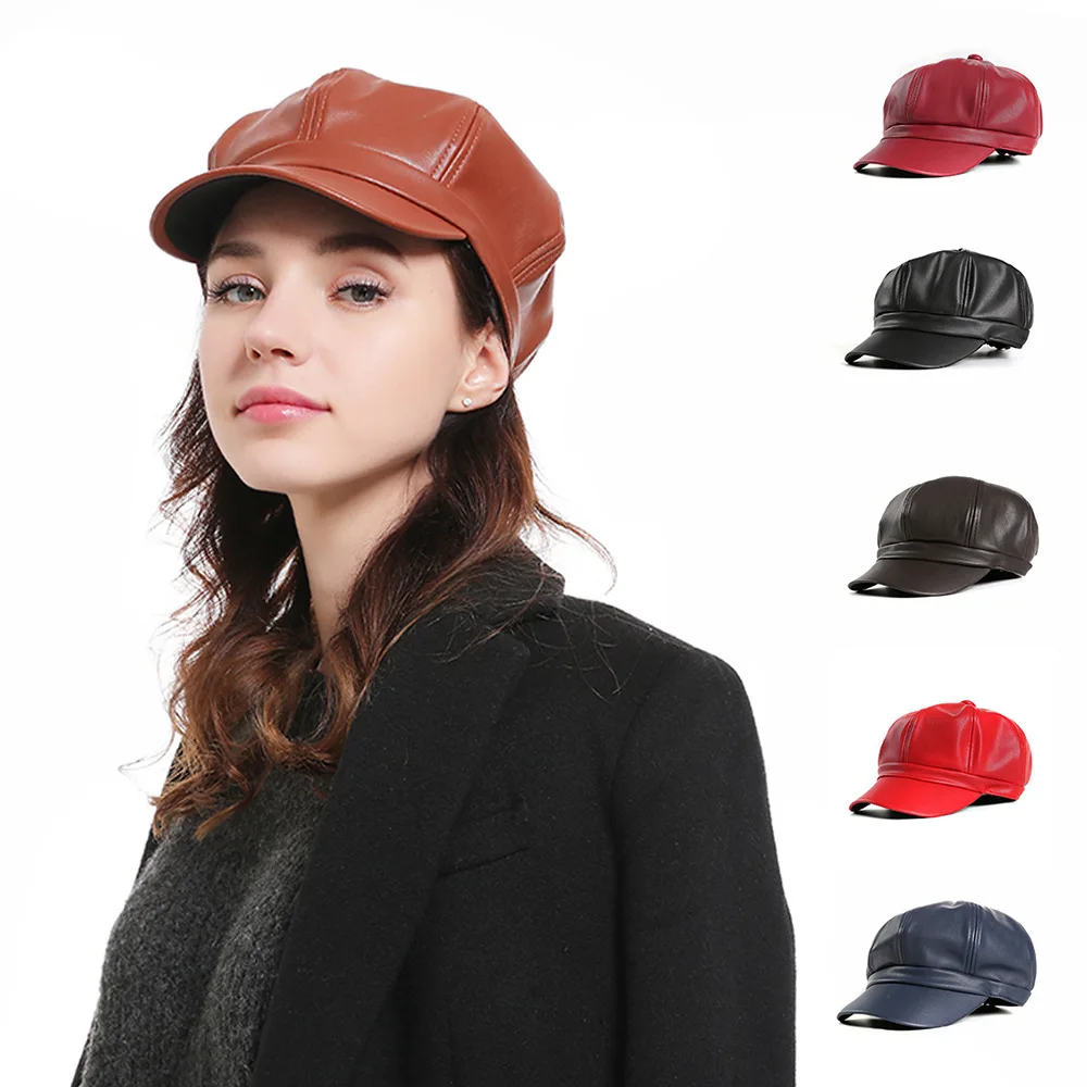 ZLD Hot 2019 Solid Color PU Leather Octagonal Cap Ladies British Retro Casual Fashion Painter Outdoor hip hop cap lot | Аксессуары для