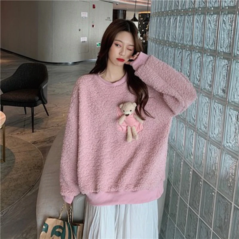 

QRWR 2021 Autumn Winter Women's Sweatshirt Fashion Casual Thick Fleece Hoodies Korean O Neck Solid Kawaii Women Sweatshirt