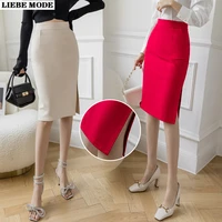 womens knee length business suit skirts womens formal high waist slim skirt office lady red khaki bodycon side split jupe mujer