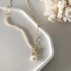 Текстурированная Винтаж натуральное пресноводное жемчужное ожерелье для женщин золото звено цепи Асимметричная замочек круг колье-чокер