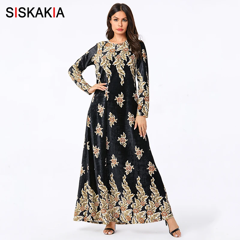 Женское бархатное длинное платье Siskakia синее макси с круглым вырезом и длинным