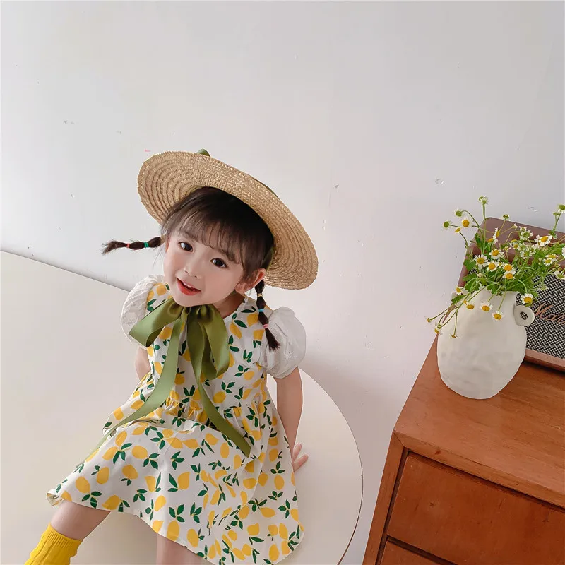 

2021 Korean Summer Dresses Kids Baby Girls Short Puff Sleeves Patchwork Floral Dress A-line Summer Lovely Clothes For Girls 1-7t