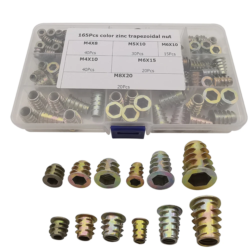 

165 PCS/Set Threaded Insert Nut Flanged Hex Drive Head Wood Furniture Nuts Bolt Fastener Assorted Tool Kit M4 m5 m6 m8 m10 Screw