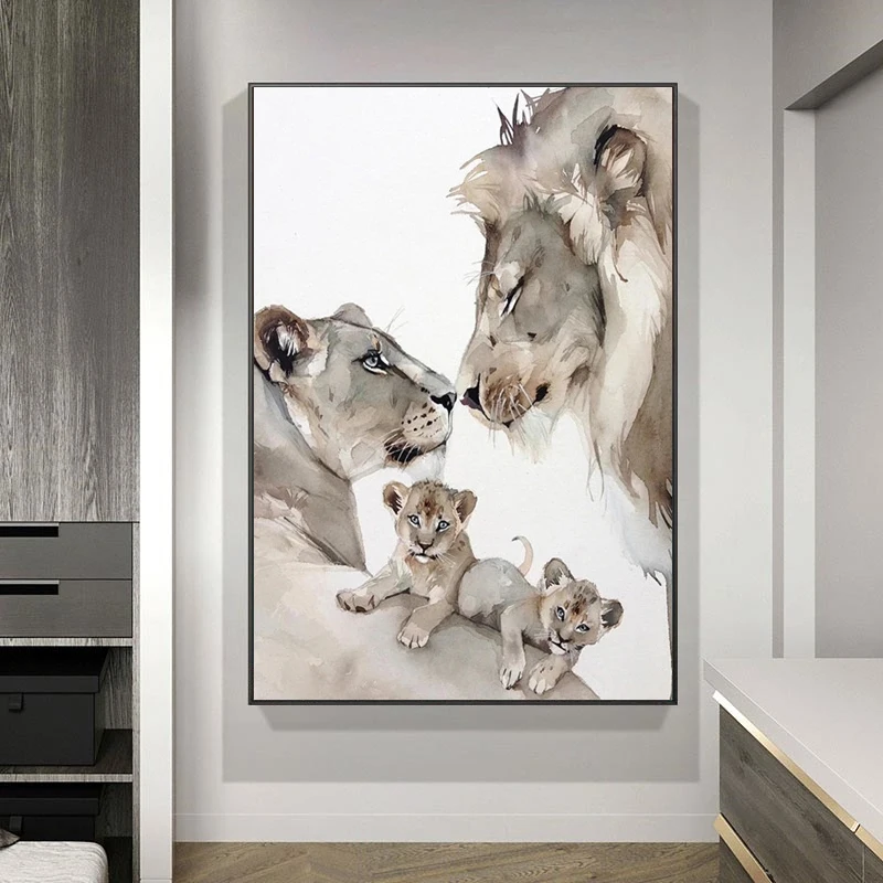 Фото Абстрактная картина льва семейный Холст Современные плакаты и принты настенные